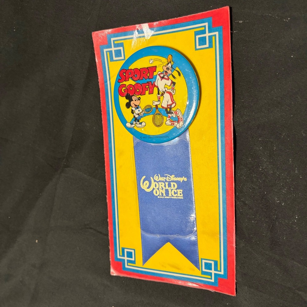 Vintage 1980s Disney World on Ice Sport Goofy Button Ribbon New on Card